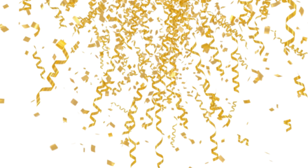 Falling gold confetti and spiral streamers isolated for luxury party celebration announcement isolated PNG with Transparent Background