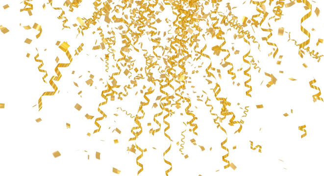 Falling gold confetti and spiral streamers isolated for luxury party celebration announcement isolated PNG with Transparent Background - Powered by Adobe