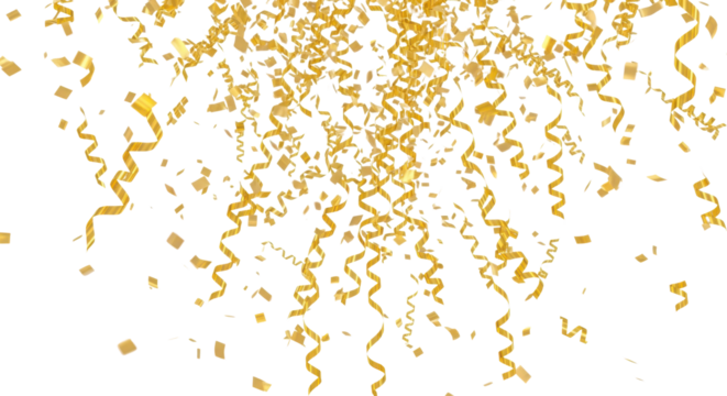 Falling gold confetti and spiral streamers isolated for luxury party celebration announcement isolated PNG with Transparent Background