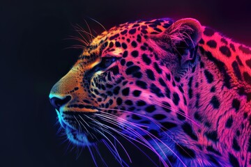 Obraz premium Vibrant neon colors illuminate a leopard's face, highlighting its powerful presence and intricate coat pattern
