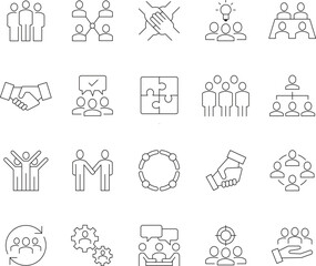 Collection of diverse line icons representing teamwork collaboration and business concepts with editable strokes for easy customization and scalability