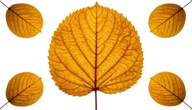 Five golden leaves, detailed veins visible, against a stark black background. Fall foliage concept, simple, elegant composition