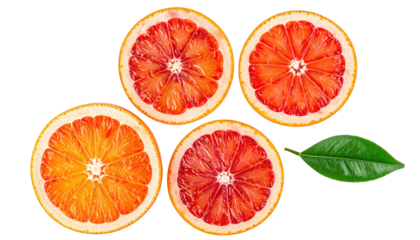 Sliced red oranges with a leaf, arranged against a stark black background, bright and vibrant