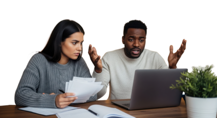 Diverse couple stressed while reviewing finances and bills using a laptop at home isolated PNG with Transparent Background
