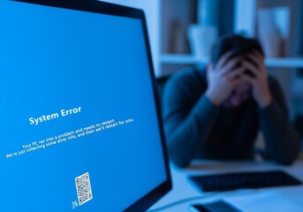 System Crash Despair: Office Struggle with the Blue Screen of Death- A frustrated employee faces a computer crash, the “Blue Screen of Death” glowing coldly, symbolizing lost work and stress.