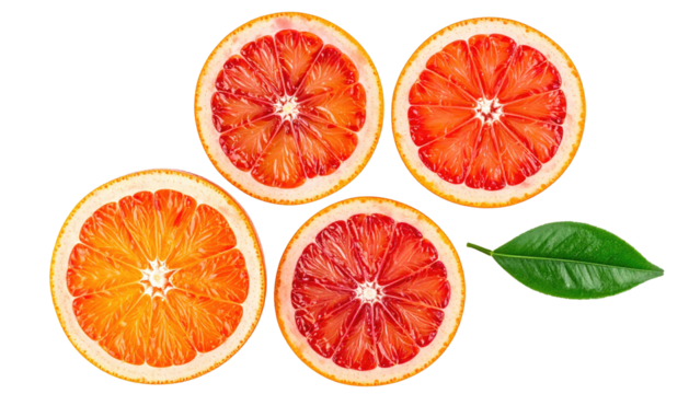 Sliced red oranges with a leaf, arranged against a stark black background, bright and vibrant
