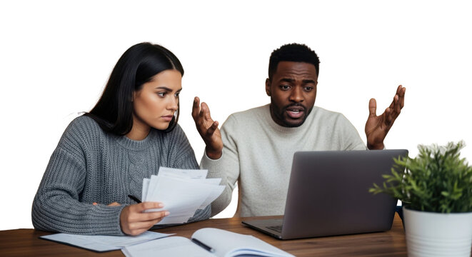 Diverse couple stressed while reviewing finances and bills using a laptop at home isolated PNG with Transparent Background - Powered by Adobe
