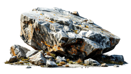 A large, craggy rock rests upon smaller rocks and dry vegetation. Isolated on a black background