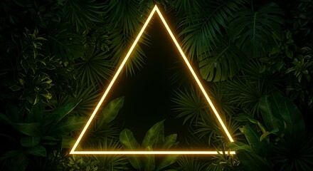 Tropical Jungle with Neon Triangle Frame Glowing Amidst Dense Foliage