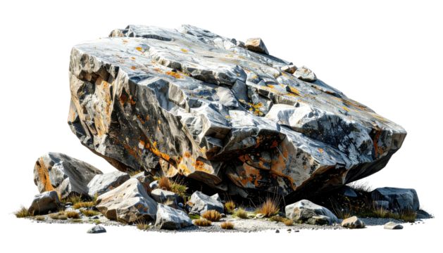 A large, craggy rock rests upon smaller rocks and dry vegetation. Isolated on a black background