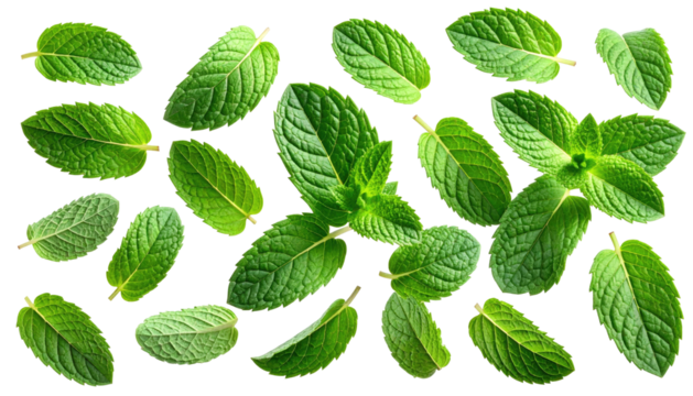 Fresh, green mint leaves are scattered across a stark black background. Light reflects off the leaves, highlighting veins
