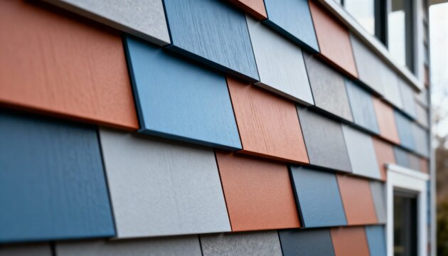 Medium shot of siding panels arranged with designer tones illustrating innovative color variations for personalized building facades