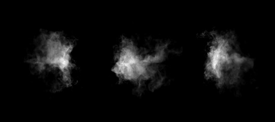 White smoke or mist cloud isolated on black background, realistic fog texture effect for photo editing, design overlay, or Halloween theme. Ideal for vapor, steam, or ghostly atmosphere visuals.