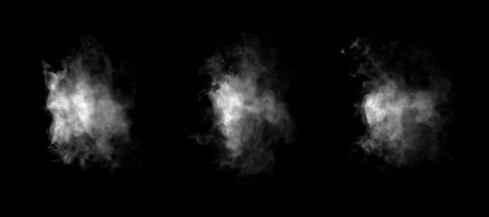 White smoke or mist cloud isolated on black background, realistic fog texture effect for photo editing, design overlay, or Halloween theme. Ideal for vapor, steam, or ghostly atmosphere visuals.