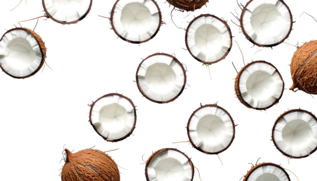 Sliced coconuts & whole ones scattered atop a black backdrop, creating a tropical, stark, organic composition