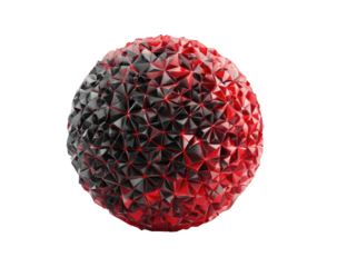 Abstract sphere formed by red and black triangles with a soft glow. Black backdrop