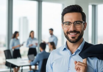Confident businessman leading team meeting in modern office with city view