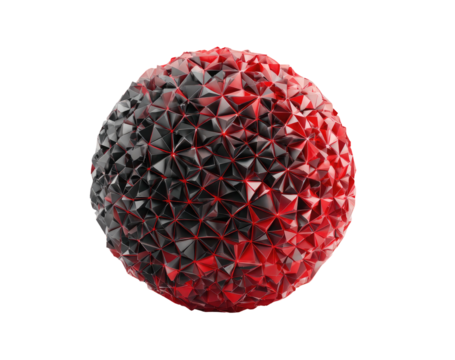 Abstract sphere formed by red and black triangles with a soft glow. Black backdrop