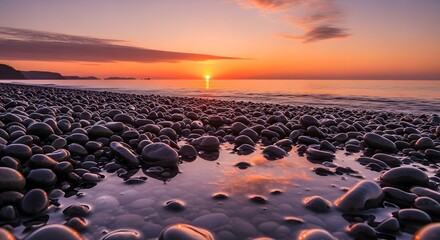 Sunset over a rocky beach with smooth stones and reflections in shallow water pools at dusk time
