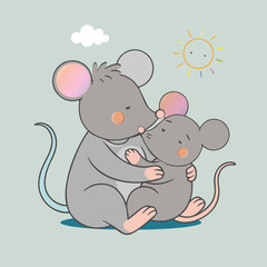 Liebevolle Vektorillustration zweier M&auml;use, die sich z&auml;rtlich umarmen. Eine gr&ouml;&szlig;ere und eine j&uuml;ngere Maus sitzen zusammen unter einer kleinen Sonne mit Regenbogenstrahlen &ndash; ein Symbol f&uuml;r Geborgenheit