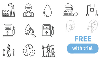 Set of oil and gas industry icons including refinery, worker, oil drop, and gas station