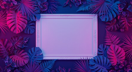 Tropical leaves and frame illuminated with neon lights background for decoration
