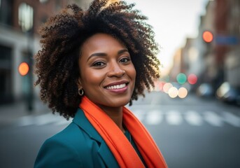 Joyful black woman smiles confidently outdoors in urban city setting daytime