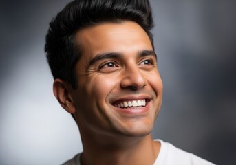Close-up portrait of a young man with a bright smile looking up thoughtfully.