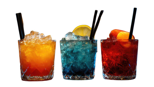 Three vibrant, colorful mixed drinks in textured glasses are lined up against a dark, contrasting background
