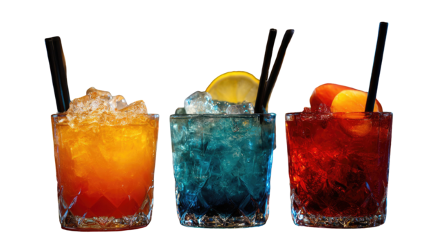 Three vibrant, colorful mixed drinks in textured glasses are lined up against a dark, contrasting background