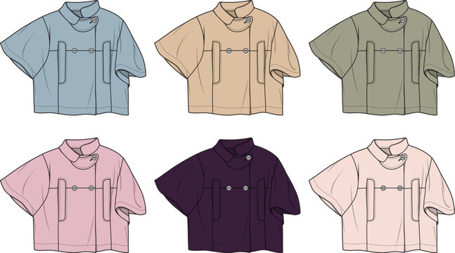 Fashion Collection Stylish Technical Flats of a Short-Sleeve Cape, Showcasing Color Variations