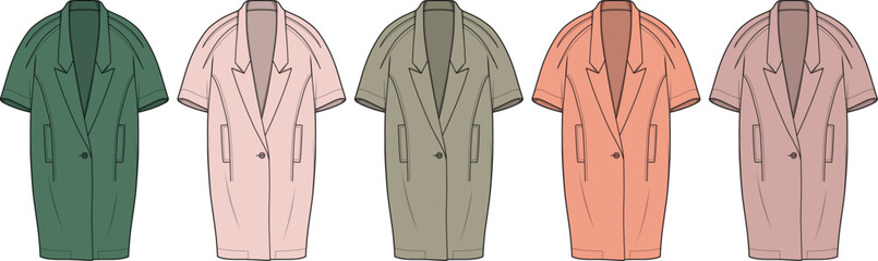 Assortment of Stylish Pastel-Colored Short-Sleeve Blazers Displayed in a Row Fashion Concept