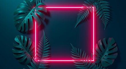 Tropical leaves with a luminous neon frame creating a modern design