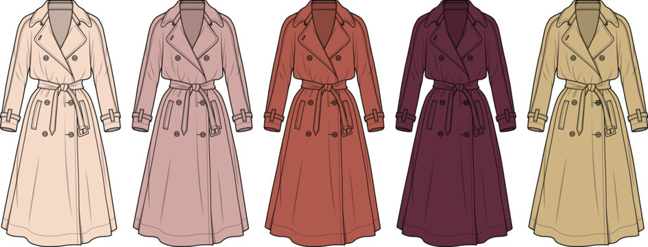 Collection of women's trench coats in various earthy and warm color variations, showcasing classic design and style