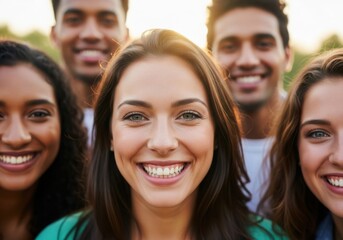 Diverse group of young friends smiling joyfully together outdoors at sunset creating a warm atmosphere