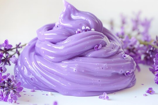 Shiny purple slime is decorated with small lavender petals on a white background