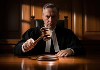 Serious judge in robes pounds gavel demonstrating justice authority and courtroom authority
