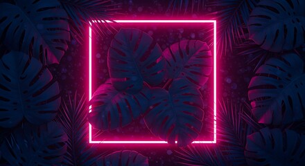 Tropical Leaves with Neon Frame for Summer or Futuristic Concept