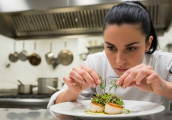 Skilled chef meticulously garnishes delicate scallop dish in professional kitchen setting