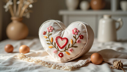 Embroidered heart-shaped pillow on soft fabric background