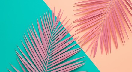 Tropical palm leaves in trendy pink against teal and peach background