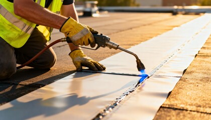 Medium shot showing a technician heatwelding TPO roofing sheets to create seamless durable flat roof coverage under bright daylight.