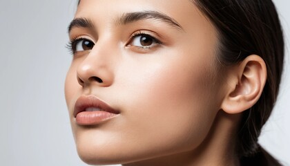 Fototapeta premium Close-up of a young woman with natural beauty and clear skin, looking up with a serene expression on a light background