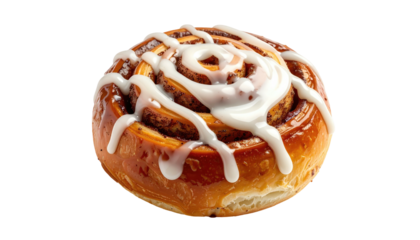 Round cinnamon roll pastry with a sweet white icing drizzle