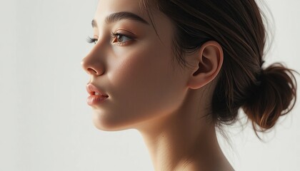 Fototapeta premium Close-up profile of a young woman with clear skin and natural makeup, showcasing beauty and wellness