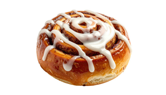 Round cinnamon roll pastry with a sweet white icing drizzle