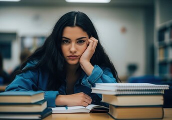 Tired young woman studying intensely with books in a library or classroom environment