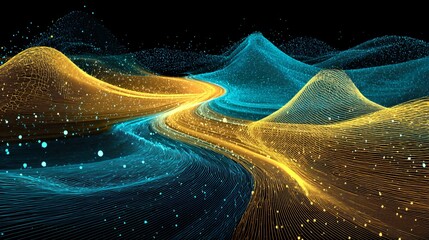Flowing neon waves glowing in futuristic digital art ai background, Glowing blue and yellow light trails in abstract modern landscape, Dynamic luminous lines forming a vibrant futuristic background