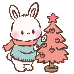 Cute Bunny decorating a pink Christmas tree Kawaii Valentine Couple Illustration Sweet Animal Love Art Cozy Winter Characters for Cards Stickers Kids Craft Design