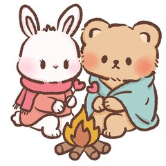 Cute Bunny and Bear roasting heart shaped marshmallow Kawaii Valentine Couple Illustration Sweet Animal Love Art Cozy Winter Characters for Cards Stickers Kids Craft Design